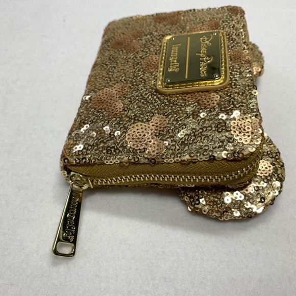 Loungefly Disney Wallet Gold Sequin Mickey Minnie Metallic 5 x 5 NWT Disneyland - Picture 6 of 9